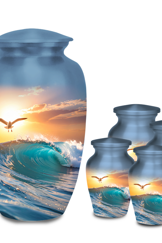 cremation urn with sunset beach and ocean scenery