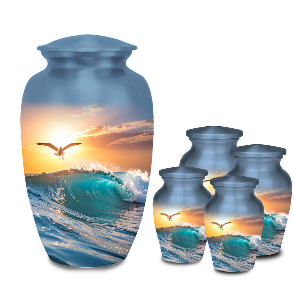 cremation urn with sunset beach and ocean scenery