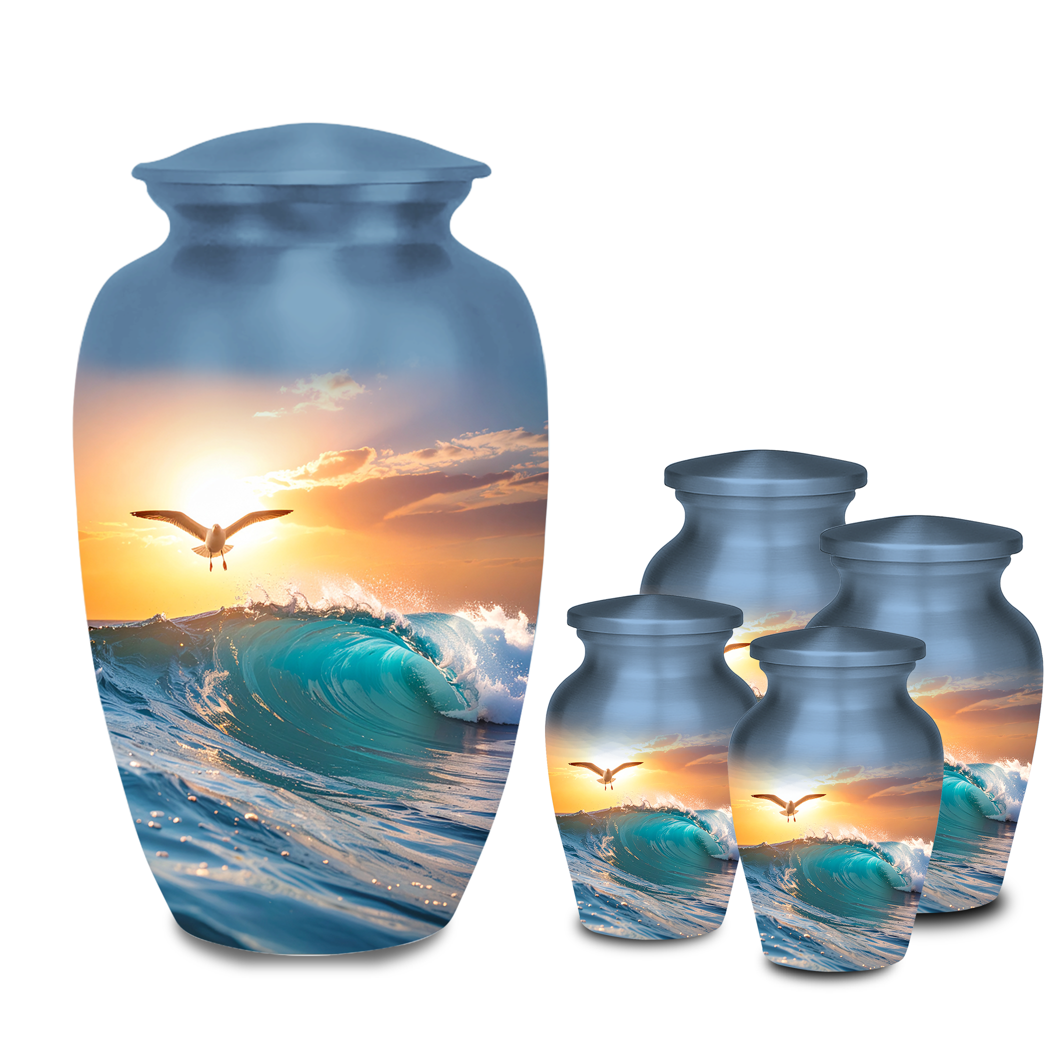 cremation urn with sunset beach and ocean scenery