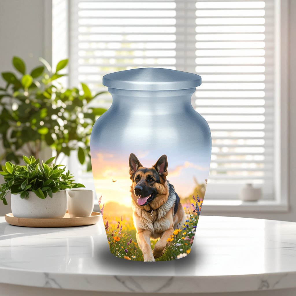 Small 3-inch German Shepherd pet keepsake urn for ashes, showing the dog in a vibrant field of flowers