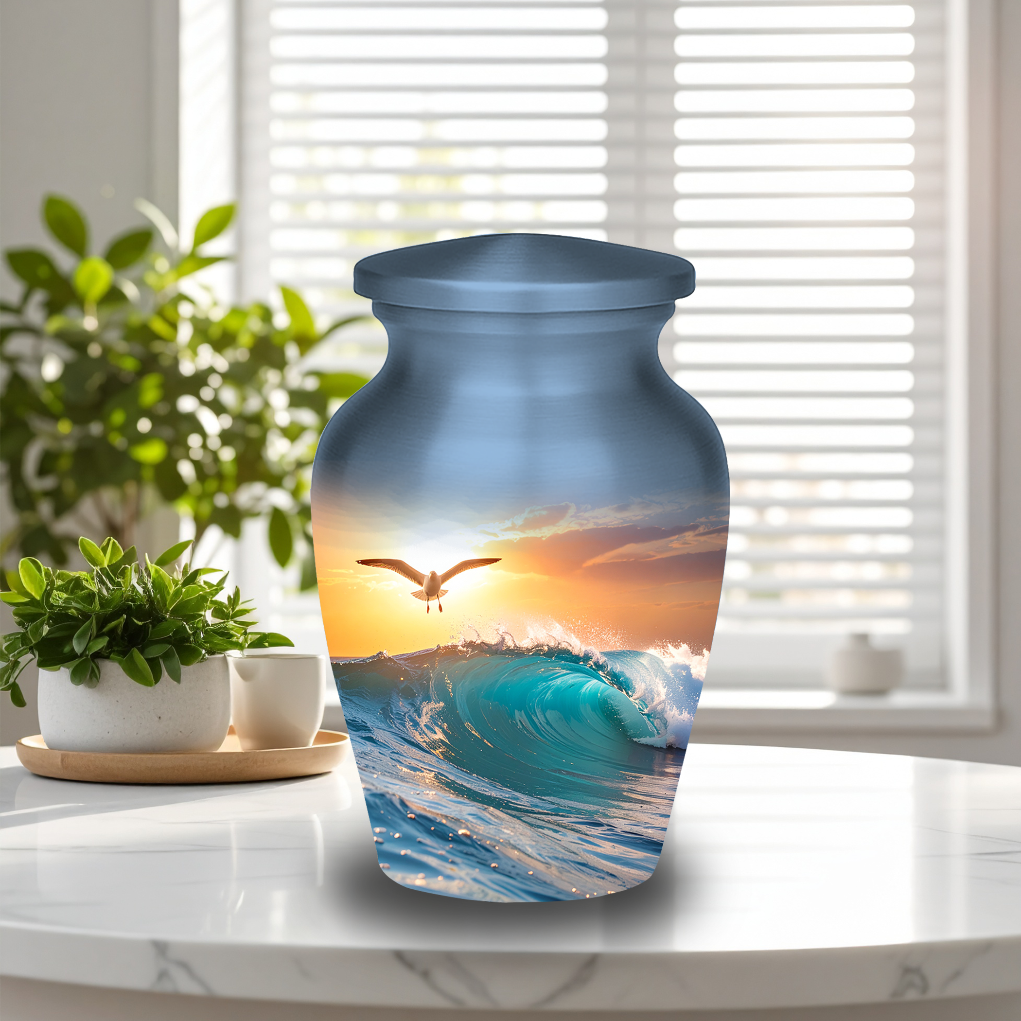 Premium aluminum cremation urn featuring sunset ocean design