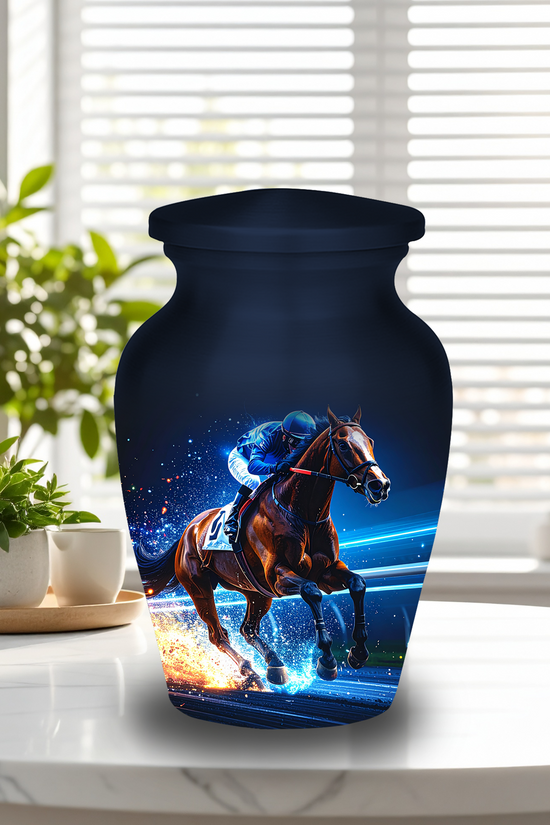 Adult horse racing cremation urns 10 inch large urn next to 3 inch small jockey keepsake urns memorial set
