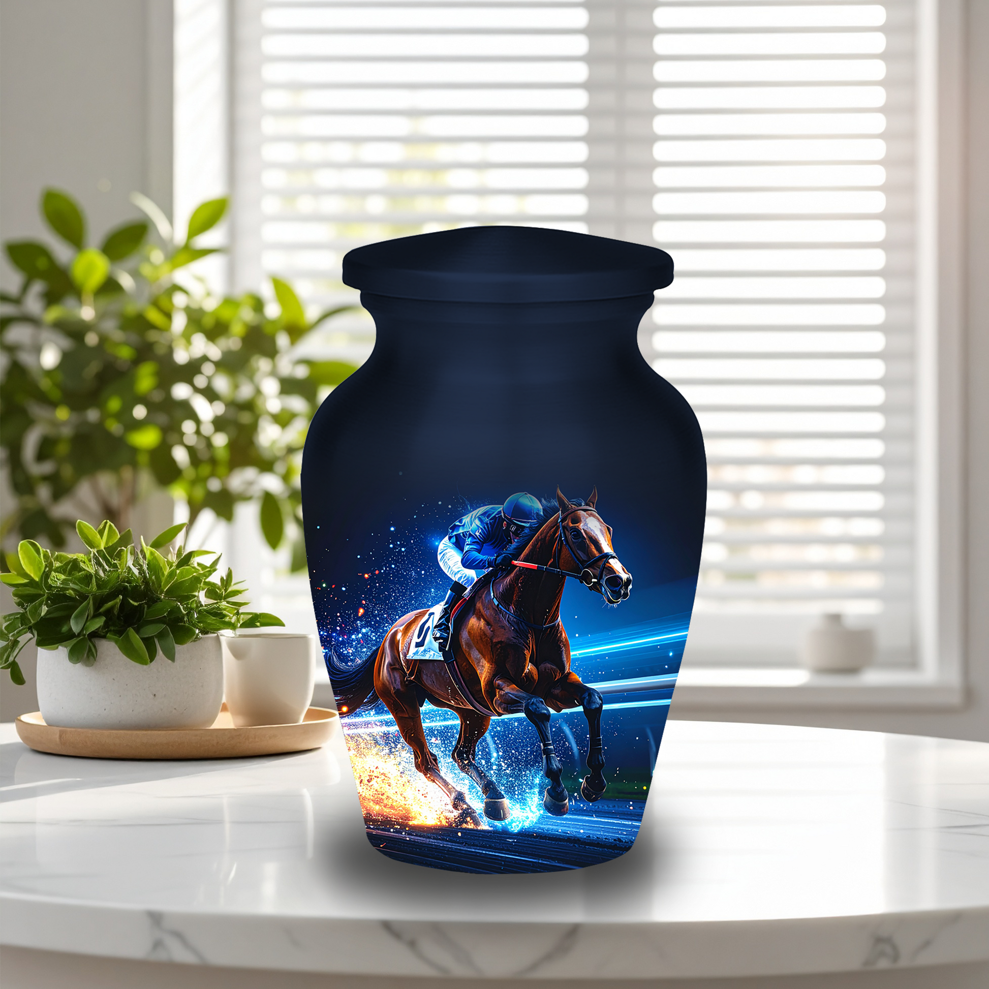 Adult horse racing cremation urns 10 inch large urn next to 3 inch small jockey keepsake urns memorial set
