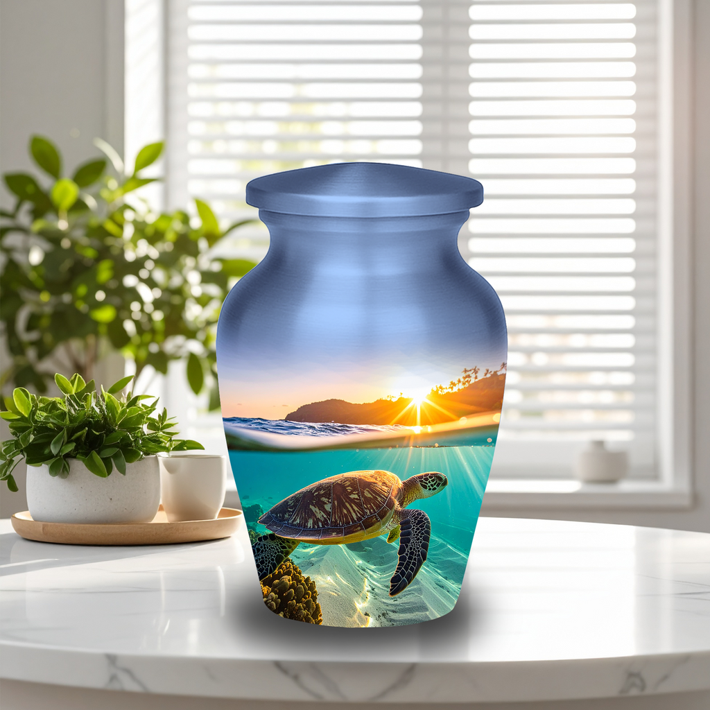 sea turtle sunset memorial urn for ashes, presented with its protective black velvet drawstring bag