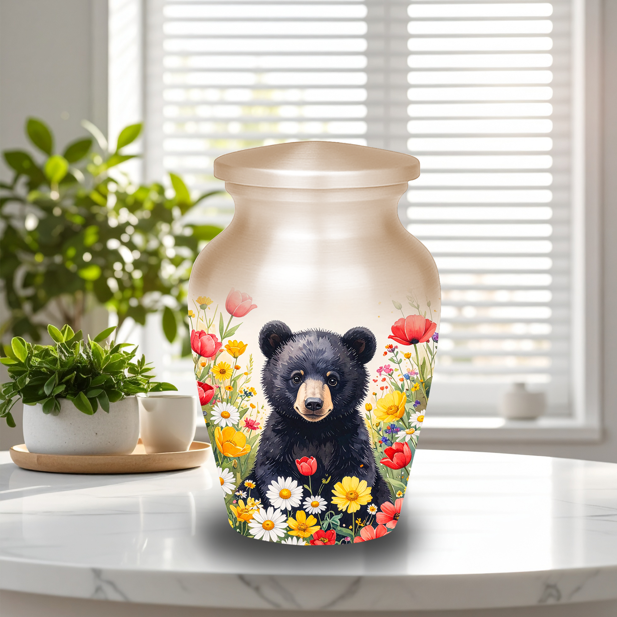 Black Bear in Wild Flower Cremation Urns for Human Ashes | Adult & Keepsake Urns | Premium Aluminum Memorial Urns | Beautiful Funeral Keepsakes