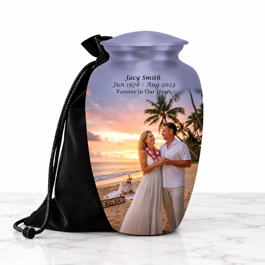 Custom picture memorial urn for ashes, example of a customer-uploaded design