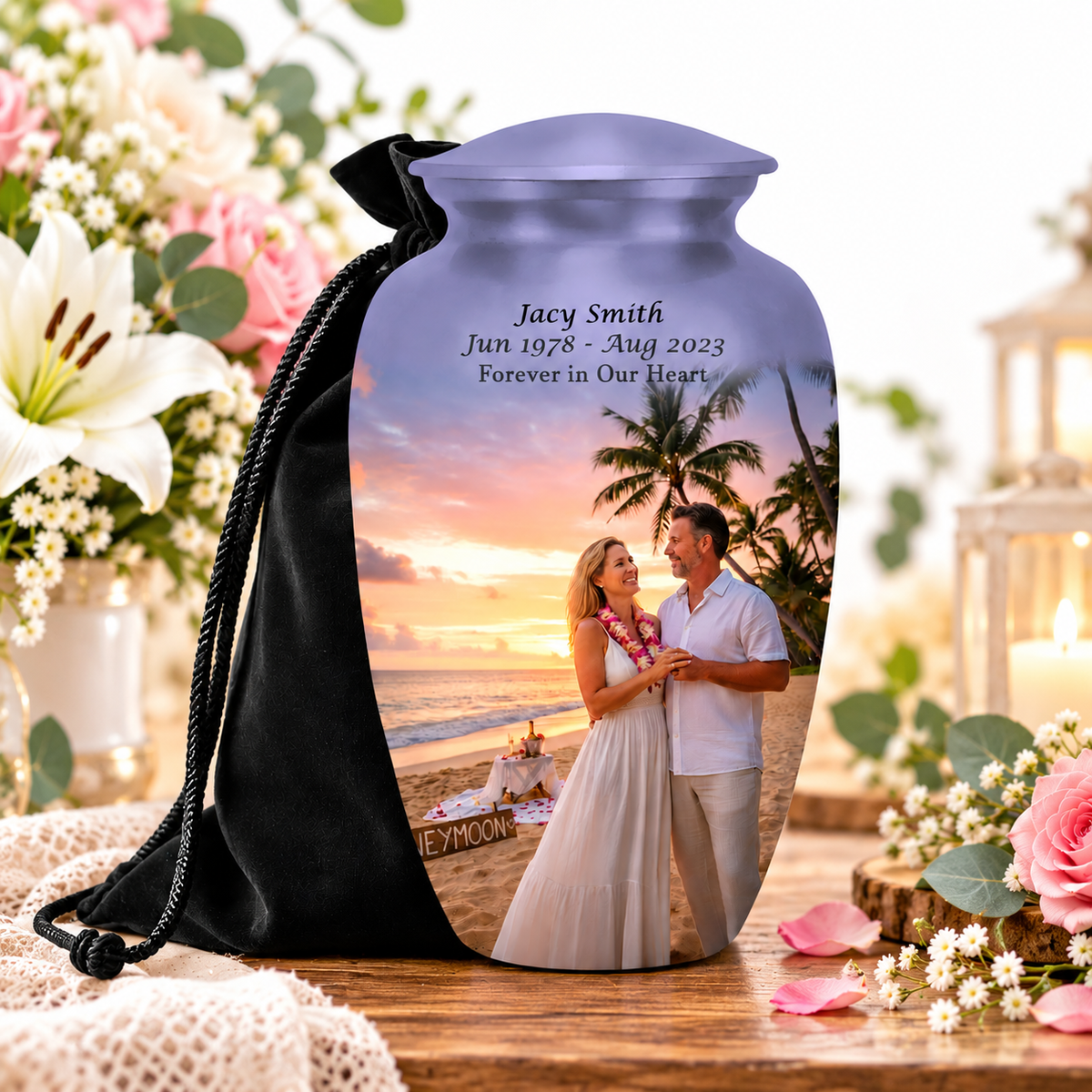 Personalized photo urn for human ashes displayed by candlelight