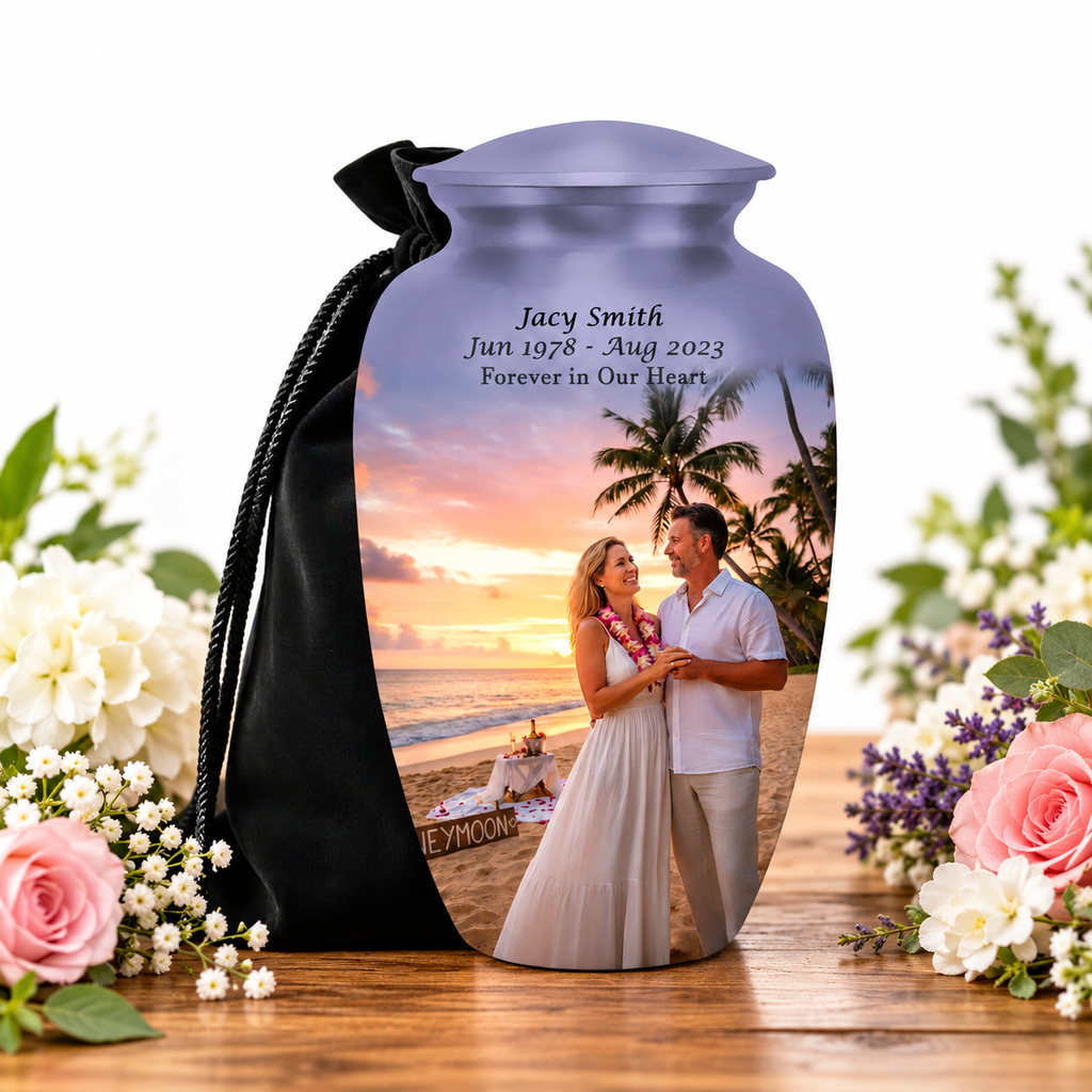 Personalized photo cremation urn for human ashes, example custom design with photo, name and dates