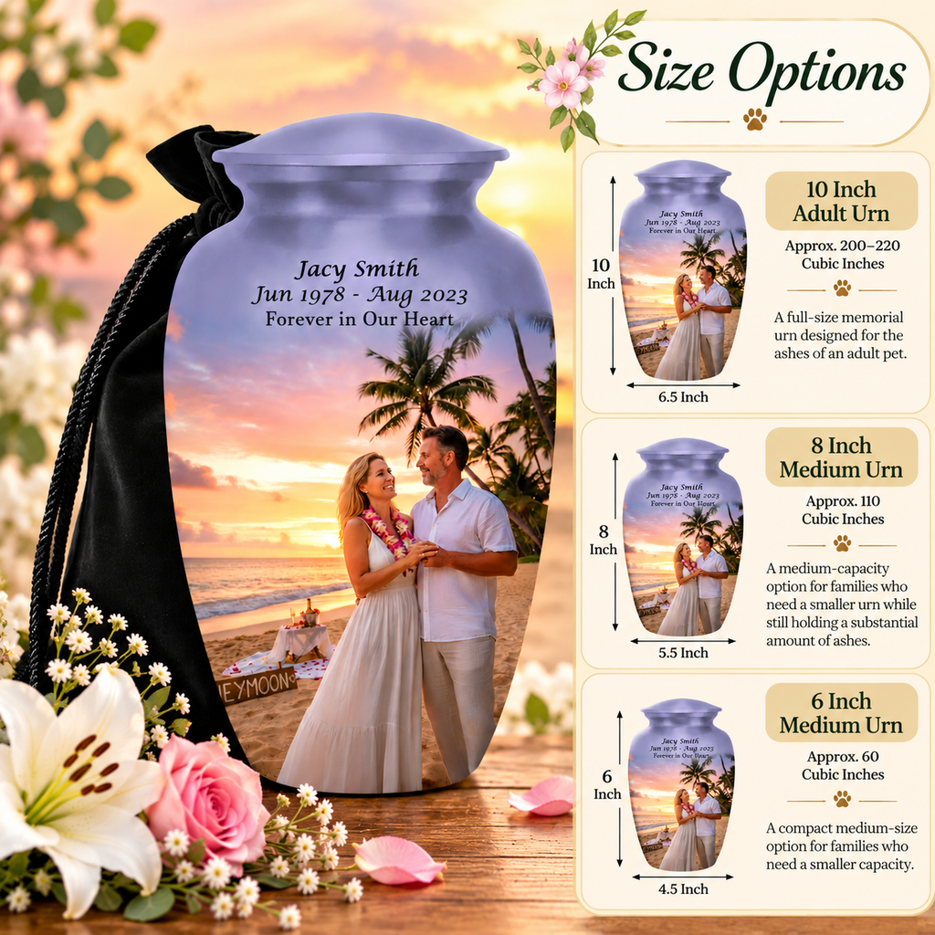 Personalized photo cremation urn in Large, Medium and Small sizes