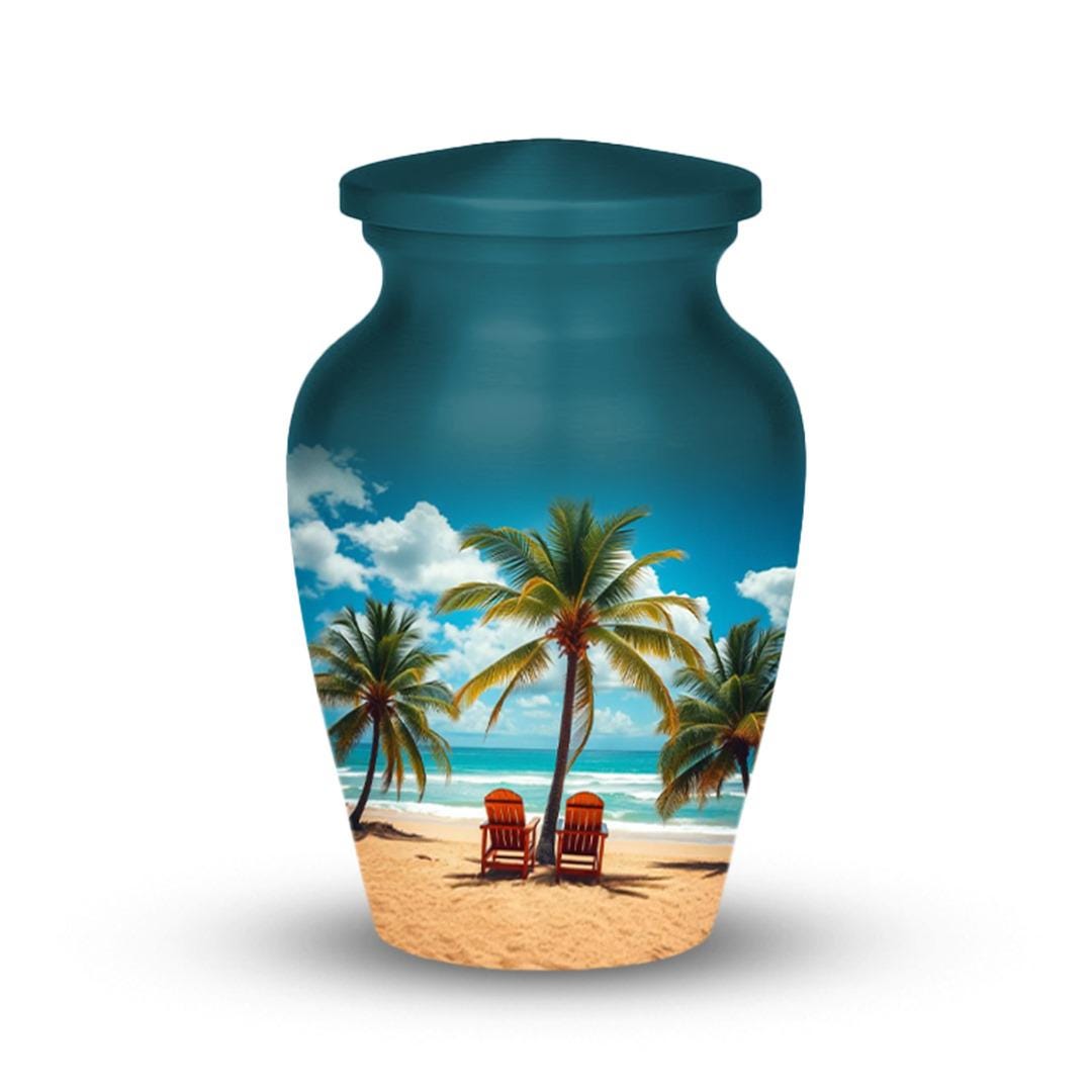 tropical beach palm tree cremation urn for human ashes, handmade aluminum memorial urn – photo 6