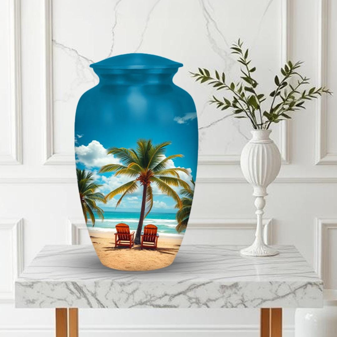 tropical beach palm tree cremation urn for human ashes, handmade aluminum memorial urn – photo 4