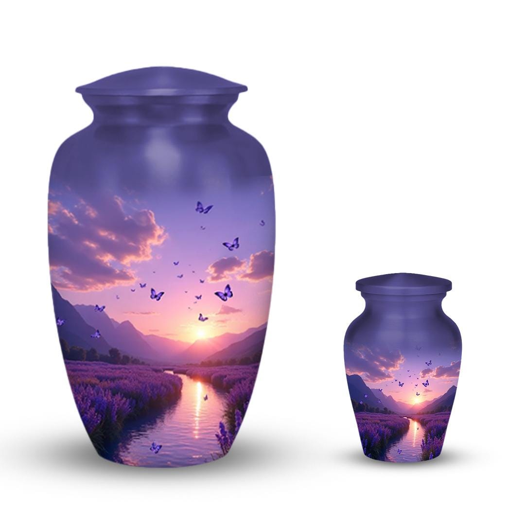 lavender field purple butterfly cremation urn for human ashes, handmade aluminum memorial urn – photo 4