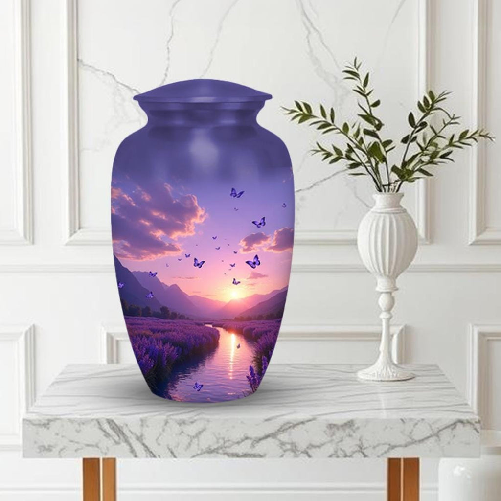 lavender field purple butterfly cremation urn for human ashes, handmade aluminum memorial urn – photo 3