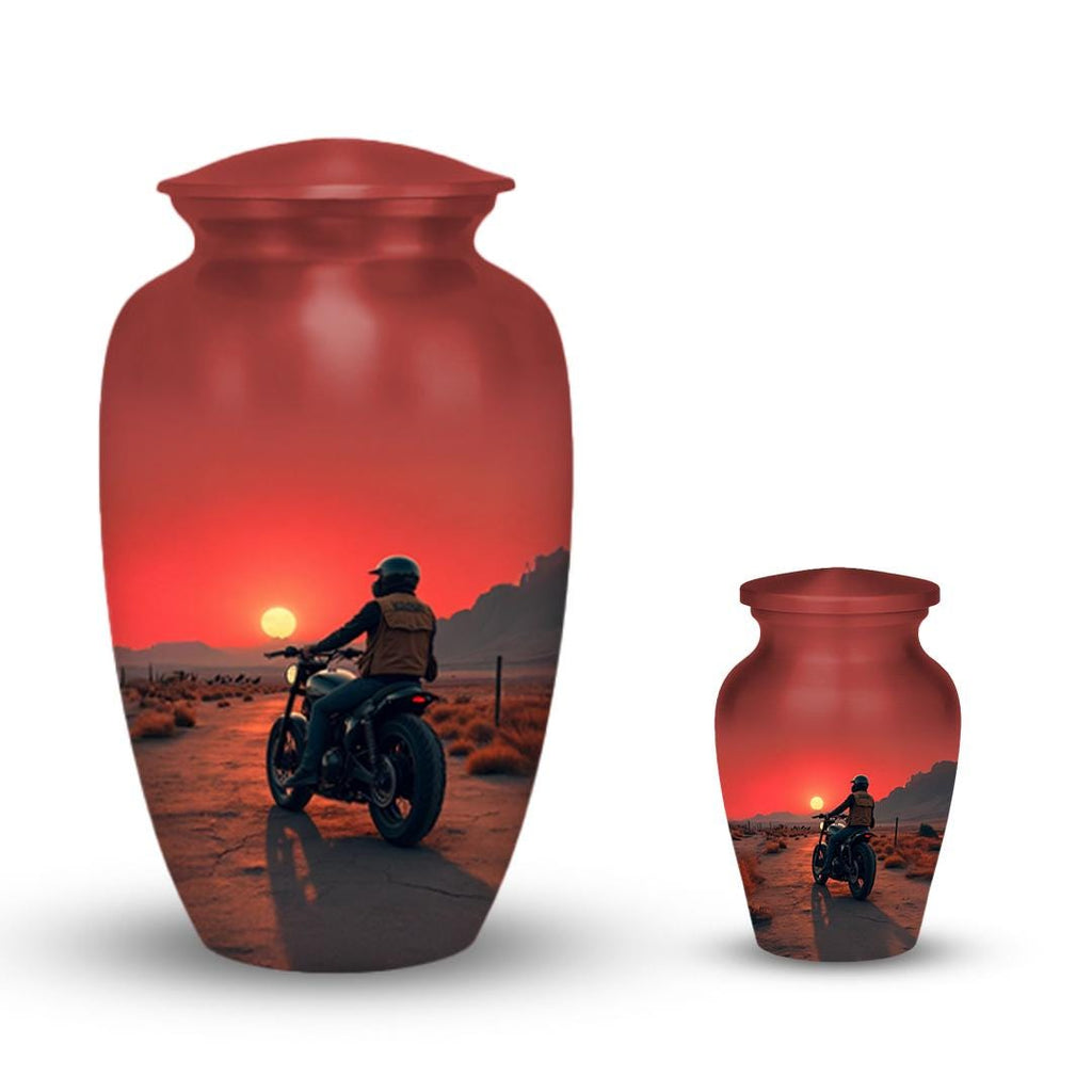 biker motorcycle sunset cremation urn for human ashes, handmade aluminum memorial urn – photo 5