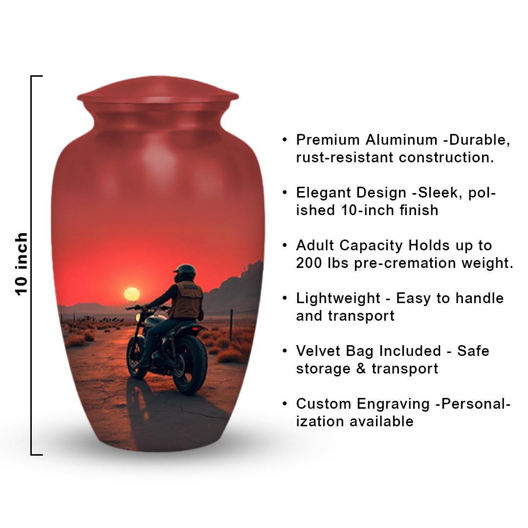 biker motorcycle sunset cremation urn for human ashes, handmade aluminum memorial urn – photo 3