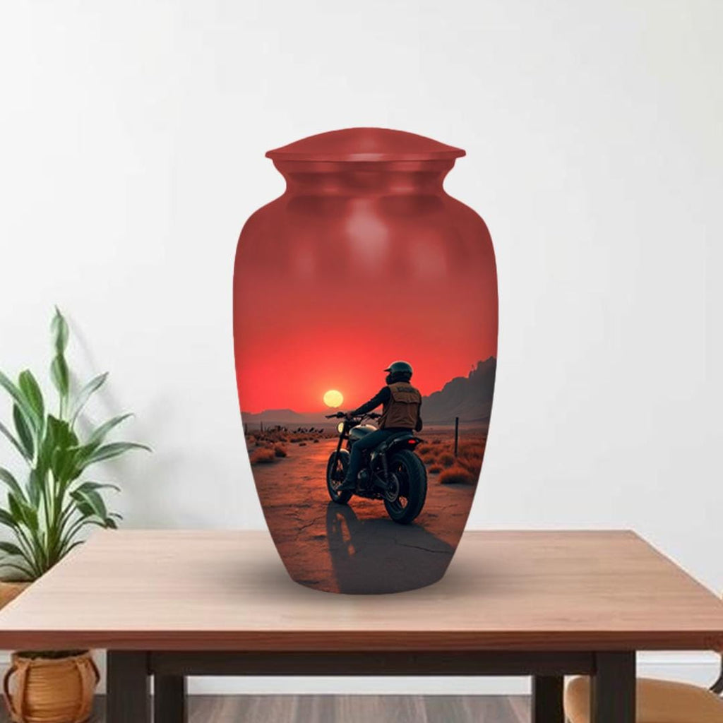 biker motorcycle sunset cremation urn for human ashes, handmade aluminum memorial urn – photo 1