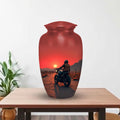 biker motorcycle sunset cremation urn for human ashes, handmade aluminum memorial urn – photo 1