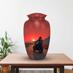 biker motorcycle sunset cremation urn for human ashes, handmade aluminum memorial urn – photo 1