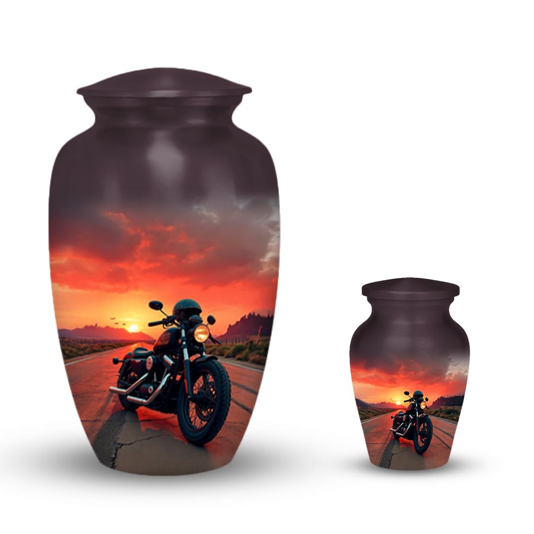 motorcycle sunset rider cremation urn for human ashes, handmade aluminum memorial urn – photo 3