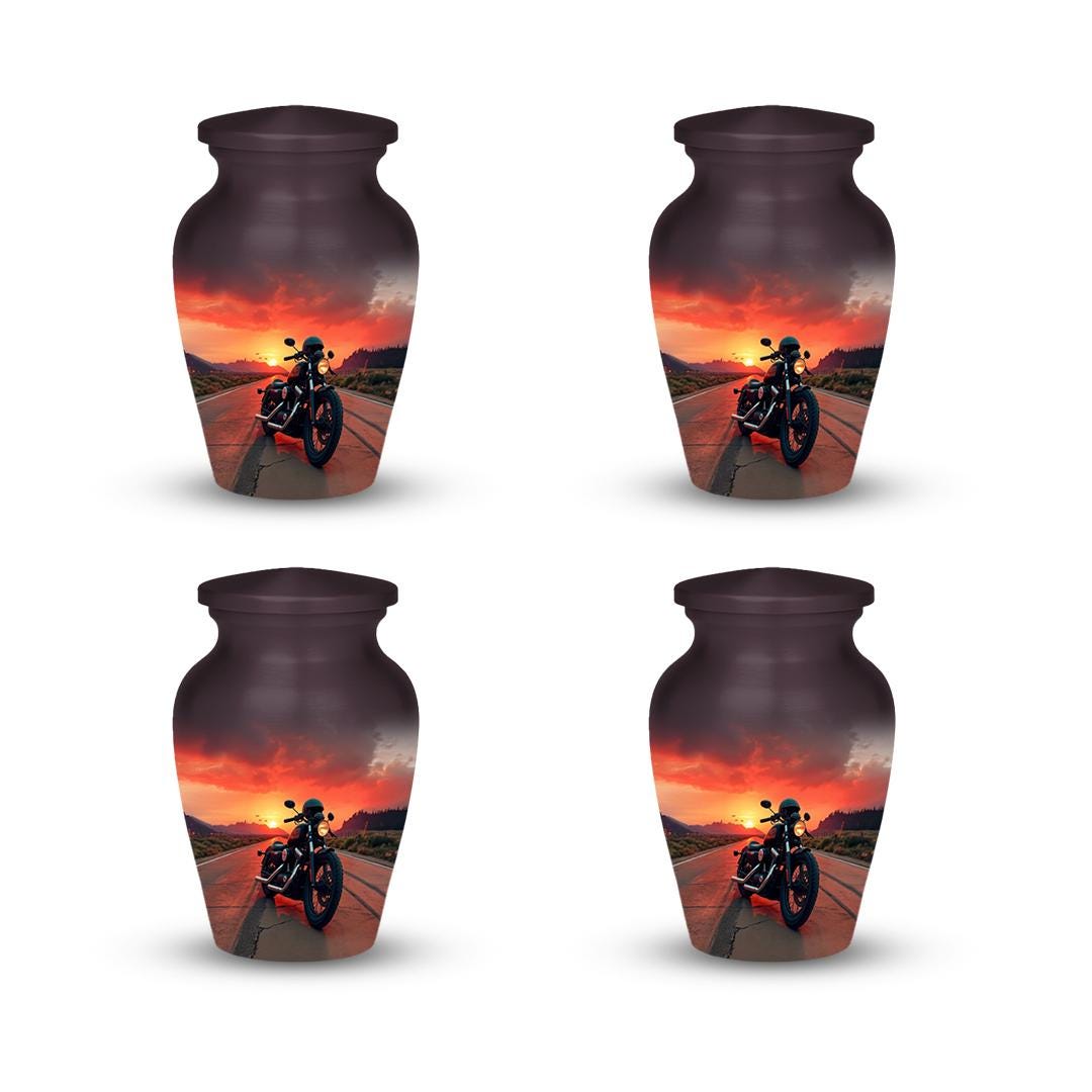 motorcycle sunset rider cremation urn for human ashes, handmade aluminum memorial urn – photo 9