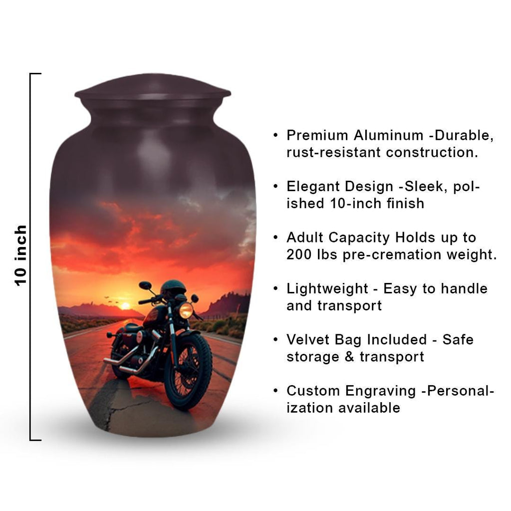 motorcycle sunset rider cremation urn for human ashes, handmade aluminum memorial urn – photo 2