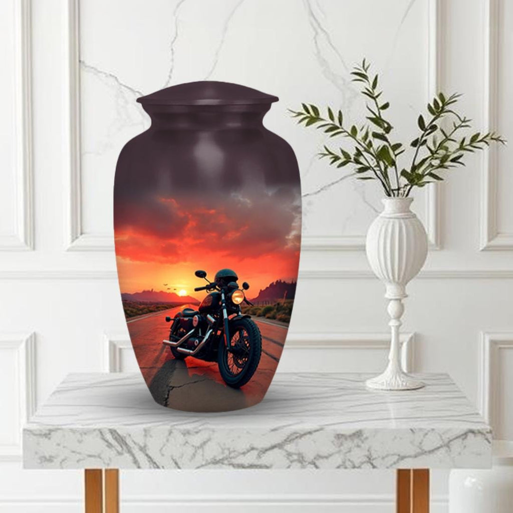 motorcycle sunset rider cremation urn for human ashes, handmade aluminum memorial urn – photo 4