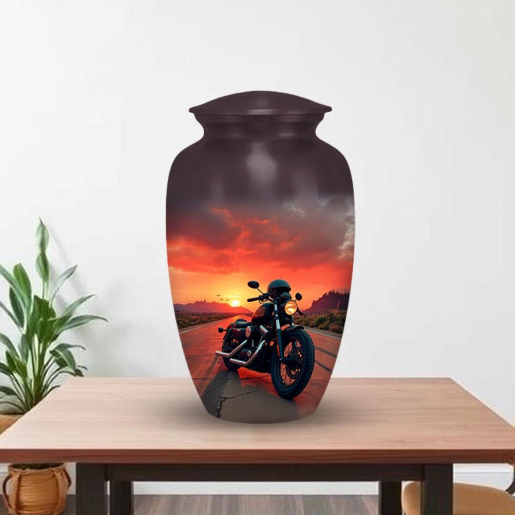 motorcycle sunset rider cremation urn for human ashes, handmade aluminum memorial urn – photo 5