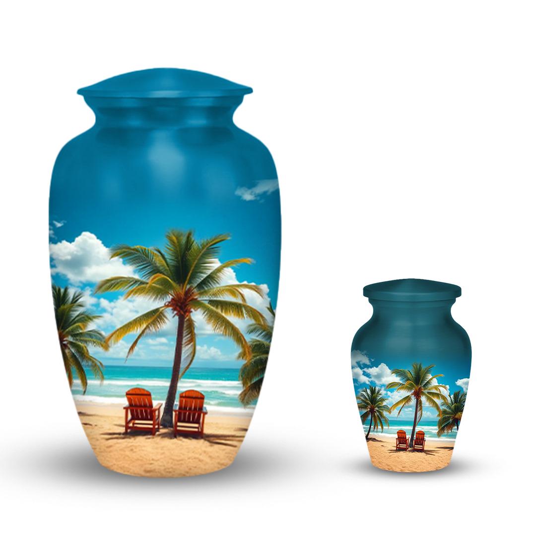 tropical beach palm tree cremation urn for human ashes, handmade aluminum memorial urn – photo 5