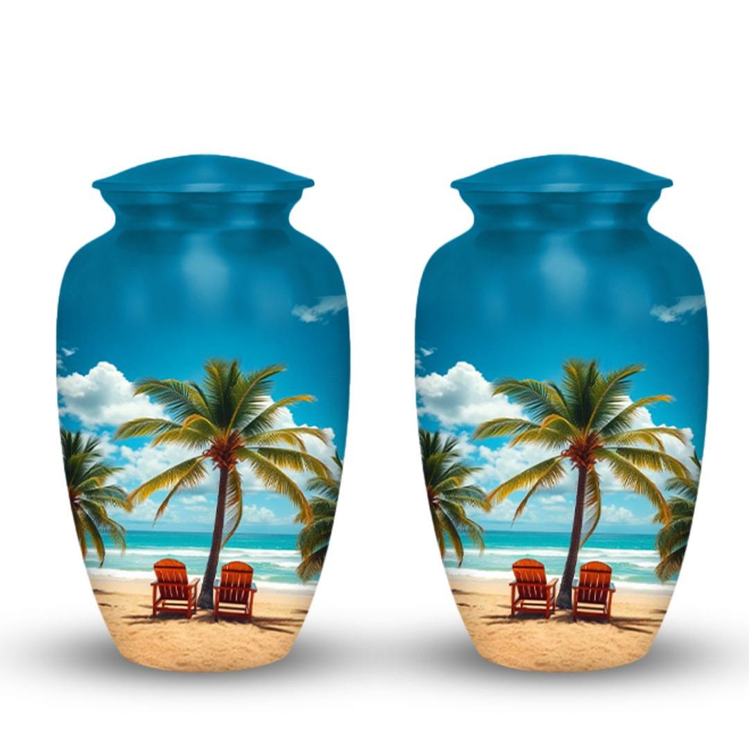 tropical beach palm tree cremation urn for human ashes, handmade aluminum memorial urn – photo 2