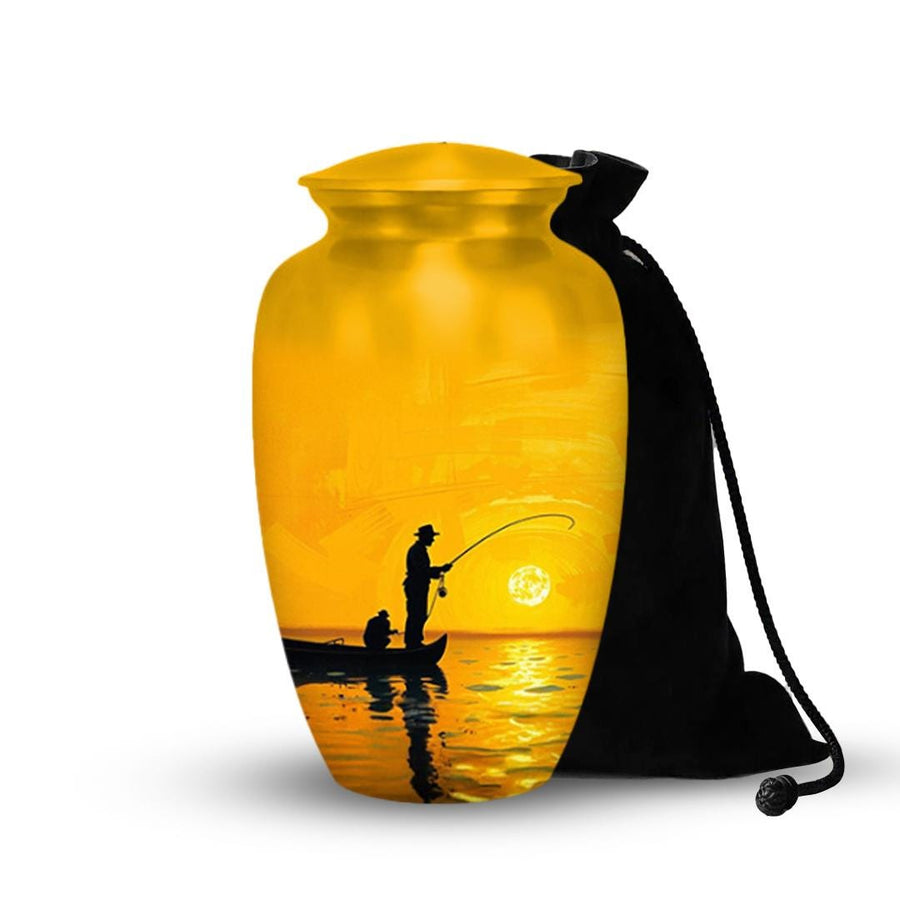 sunset fisherman lake cremation urn for human ashes, handmade aluminum memorial urn – photo 1