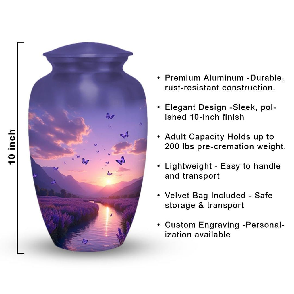 lavender field purple butterfly cremation urn for human ashes, handmade aluminum memorial urn – photo 2