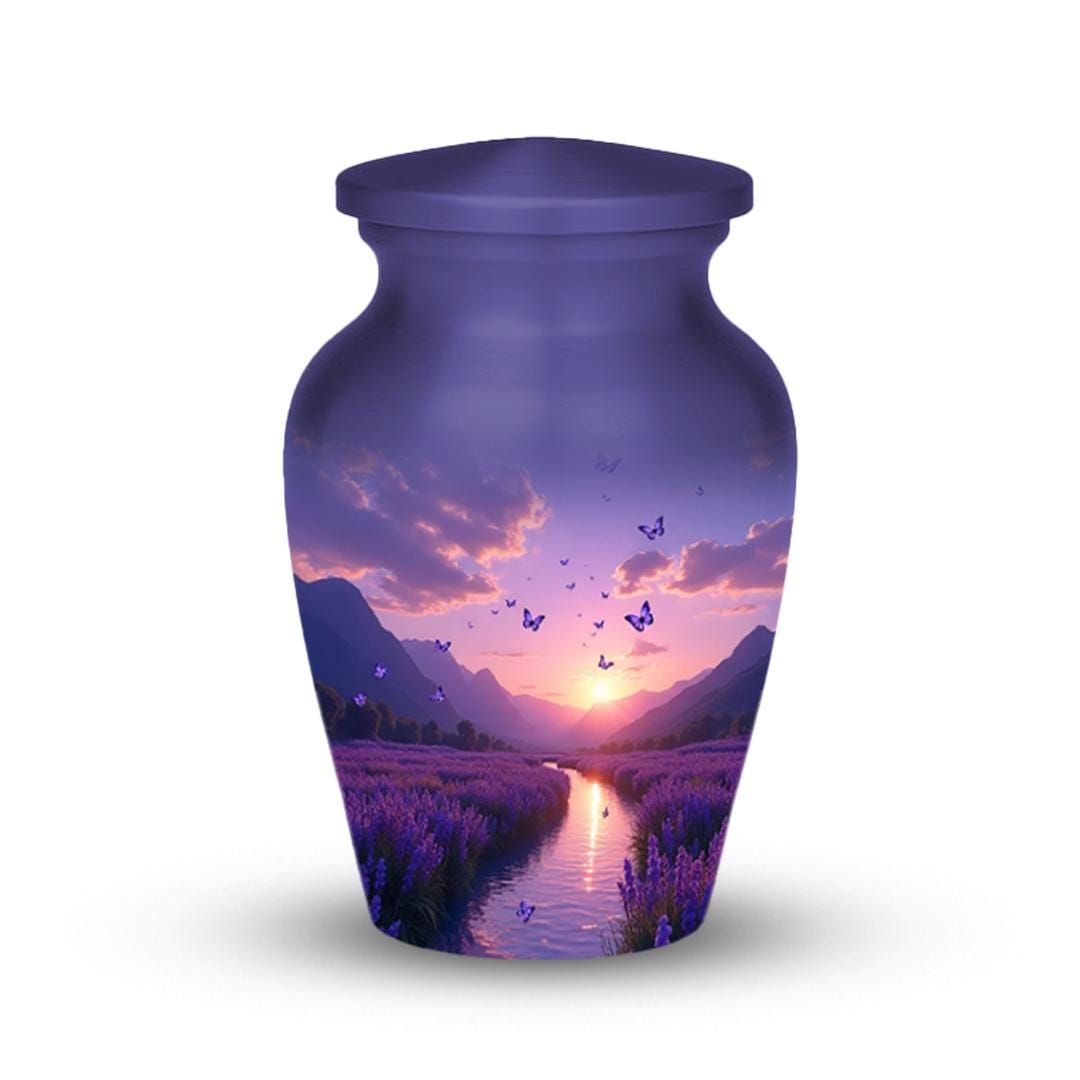 lavender field purple butterfly cremation urn for human ashes, handmade aluminum memorial urn – photo 5
