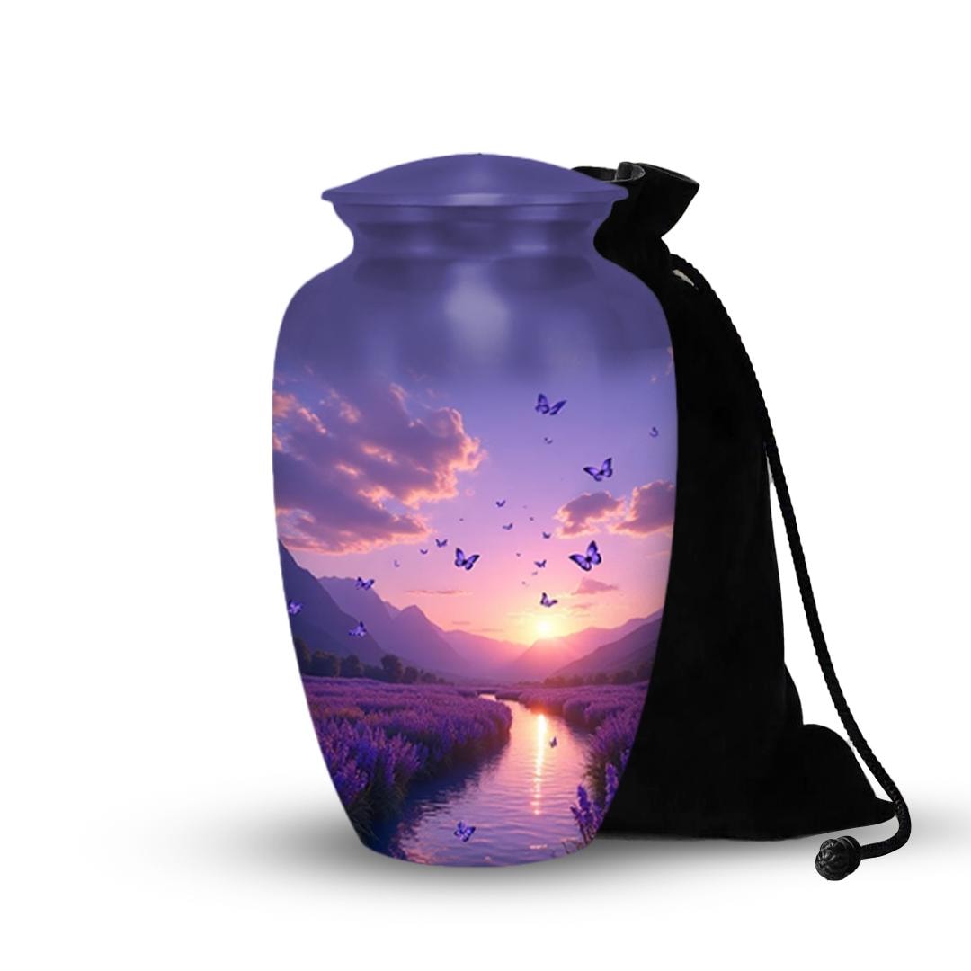 lavender field purple butterfly cremation urn for human ashes, handmade aluminum memorial urn – photo 1