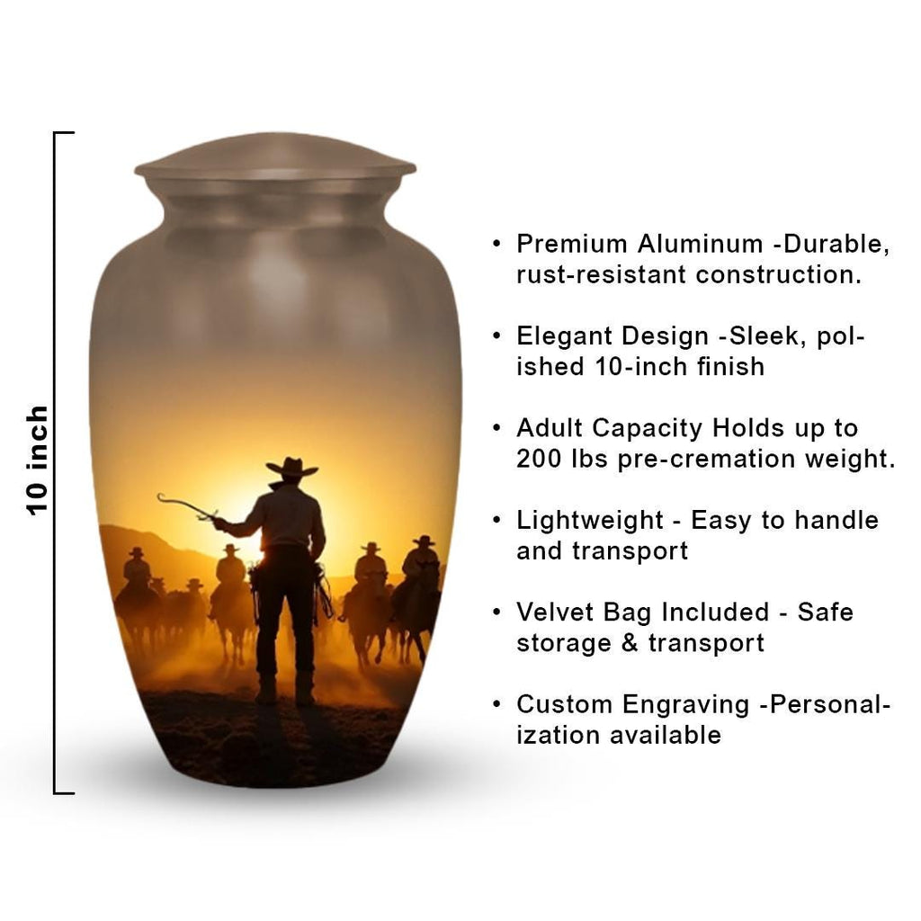 western cowboy cremation urn for human ashes, handmade aluminum memorial urn – photo 2