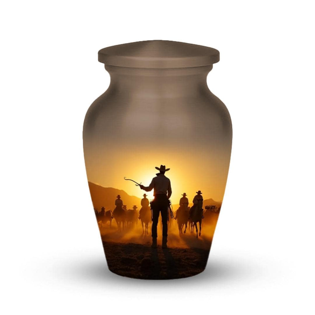 western cowboy cremation urn for human ashes, handmade aluminum memorial urn – photo 6