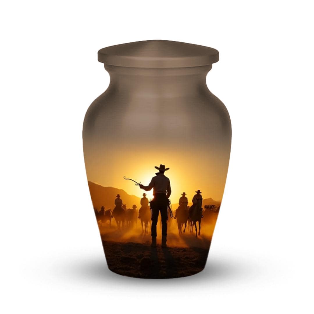 western cowboy cremation urn for human ashes, handmade aluminum memorial urn – photo 6
