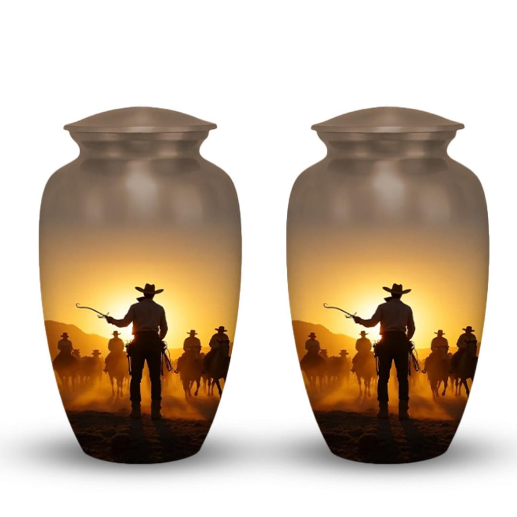 western cowboy cremation urn for human ashes, handmade aluminum memorial urn – photo 3