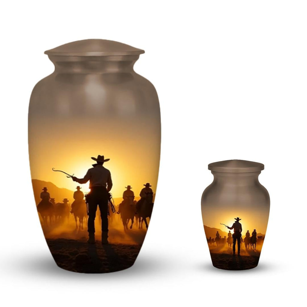 western cowboy cremation urn for human ashes, handmade aluminum memorial urn – photo 4