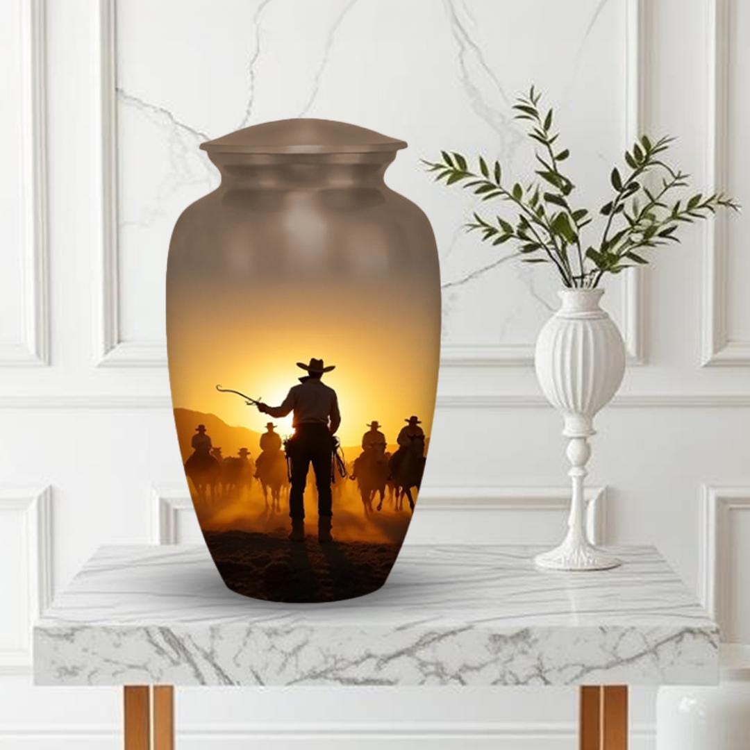 western cowboy cremation urn for human ashes, handmade aluminum memorial urn – photo 5