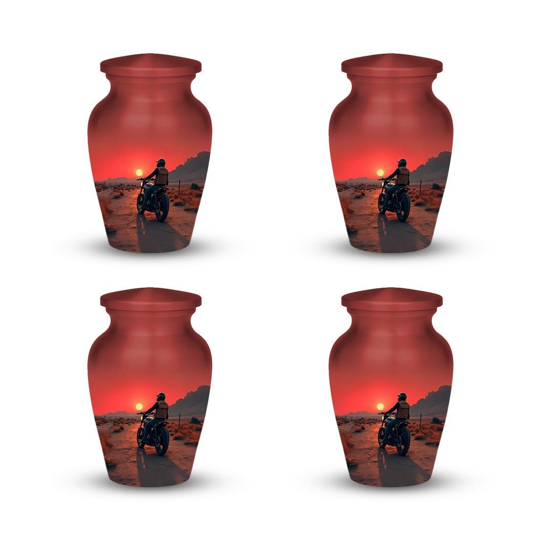 biker motorcycle sunset cremation urn for human ashes, handmade aluminum memorial urn – photo 9