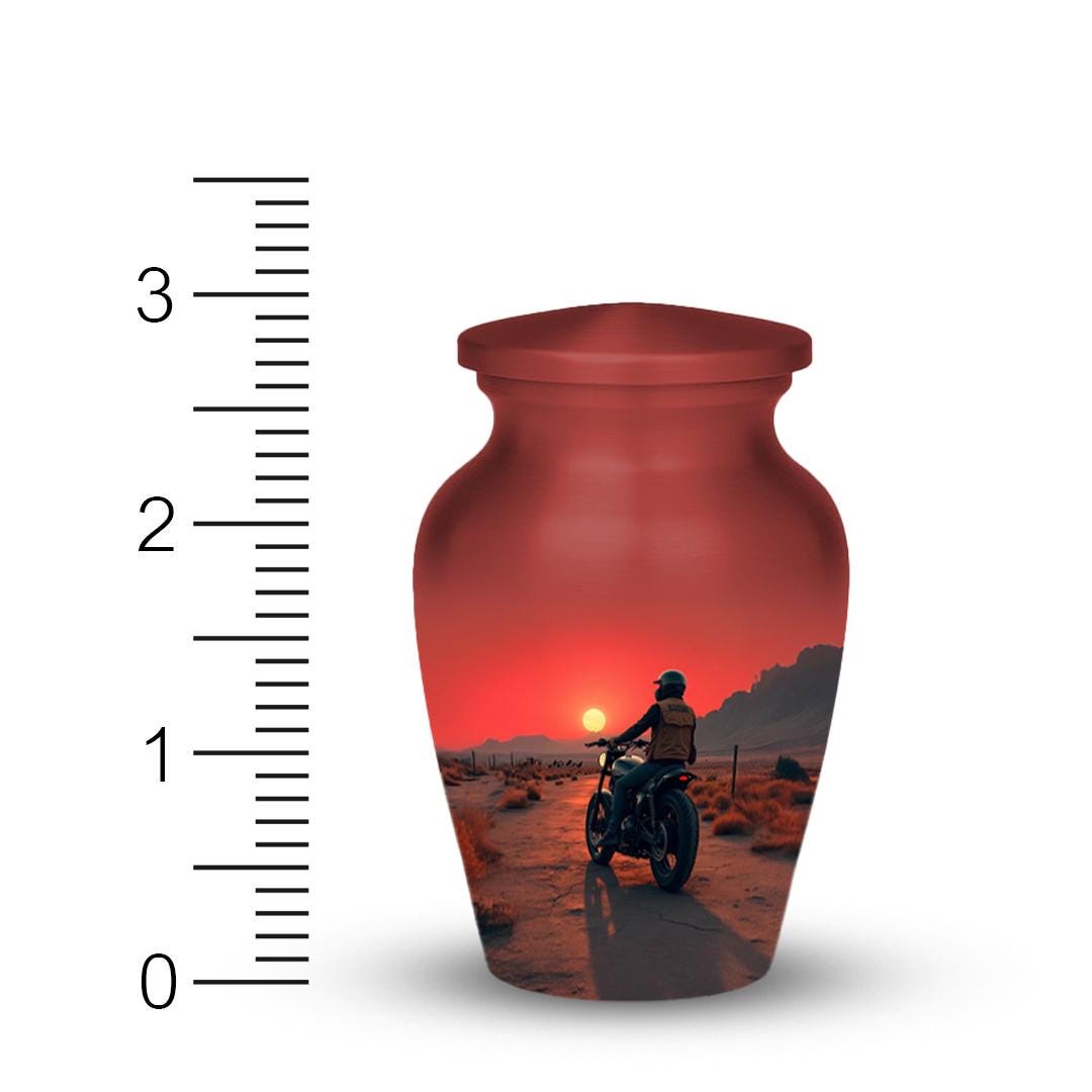 biker motorcycle sunset cremation urn for human ashes, handmade aluminum memorial urn – photo 7