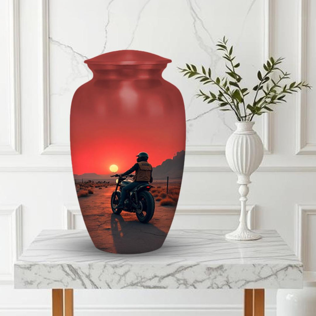 biker motorcycle sunset cremation urn for human ashes, handmade aluminum memorial urn – photo 4