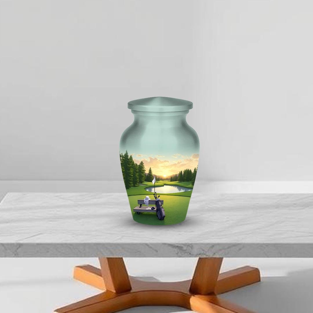 golf course sunset cremation urn for human ashes, handmade aluminum memorial urn – photo 6