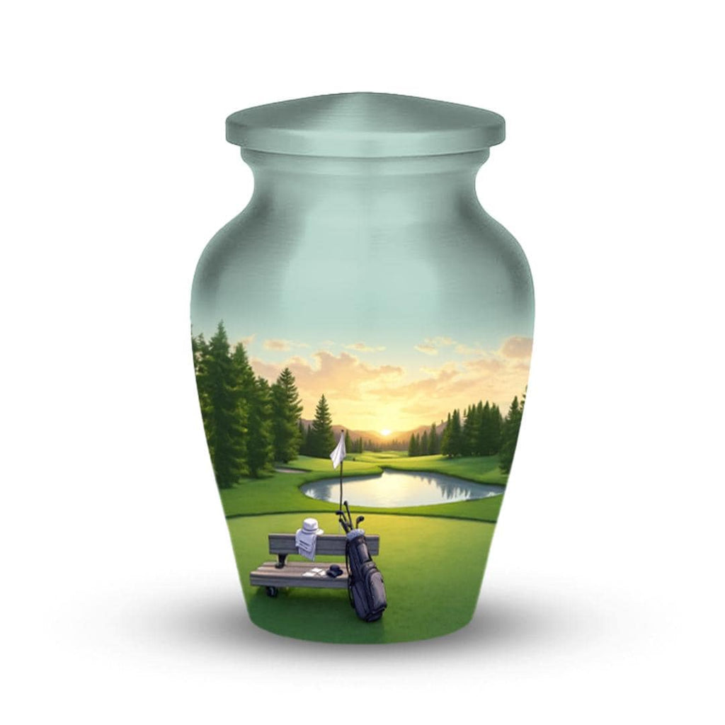 golf course sunset cremation urn for human ashes, handmade aluminum memorial urn – photo 5
