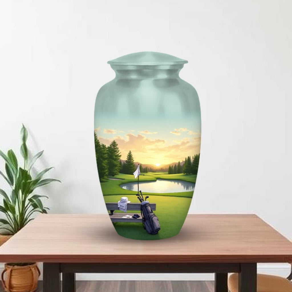 golf course sunset cremation urn for human ashes, handmade aluminum memorial urn – photo 4