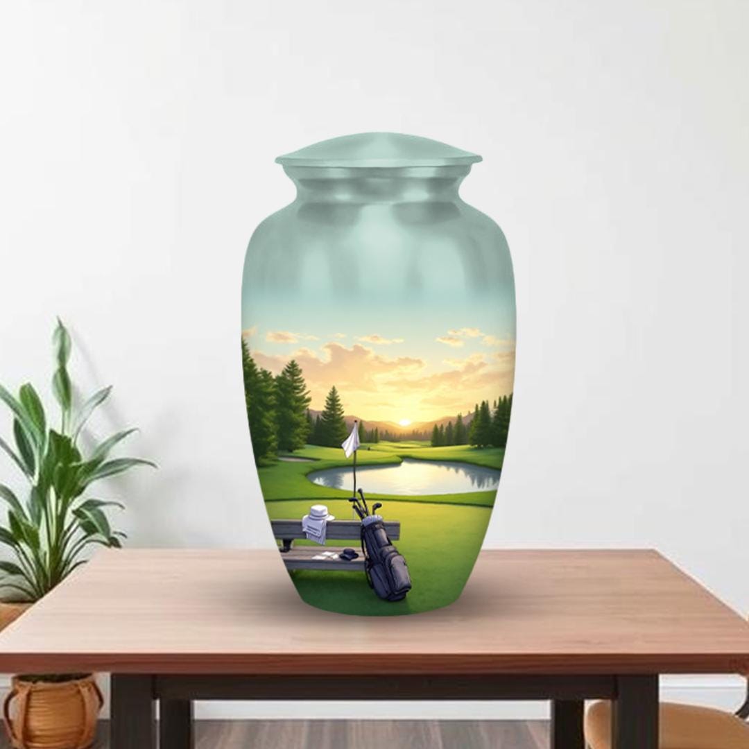 golf course sunset cremation urn for human ashes, handmade aluminum memorial urn – photo 4