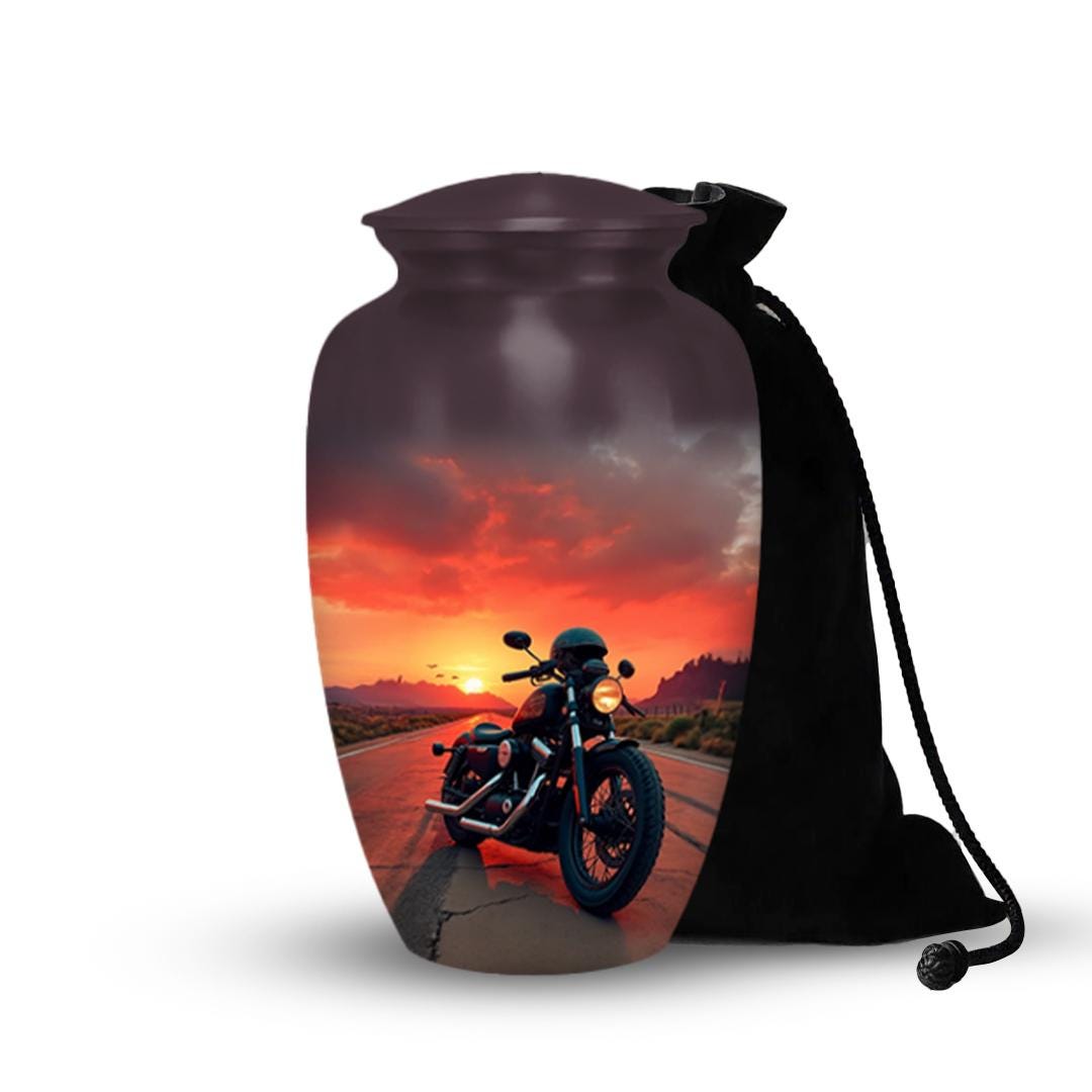motorcycle sunset rider cremation urn for human ashes, handmade aluminum memorial urn – photo 1
