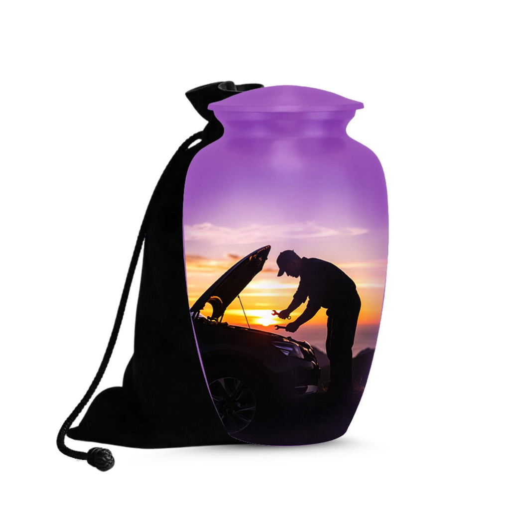 mechanic purple sunset cremation urn for human ashes, handmade aluminum memorial urn – photo 1