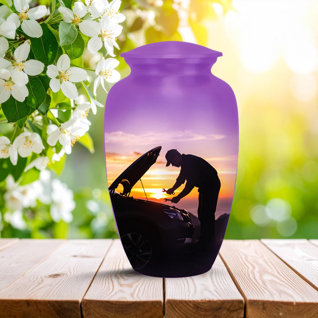 mechanic purple sunset cremation urn for human ashes, handmade aluminum memorial urn – photo 4