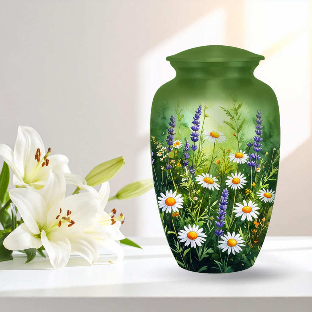green wildflower floral cremation urn for human ashes, handmade aluminum memorial urn – photo 4